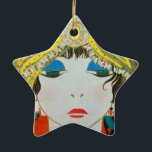 WOMAN WITH ORIENTAL YELLOW TURBAN Star Julgransprydnad Keramik<br><div class="desc">Vibrant , classy French Art Deco high fashion illustration. Portrait of a beautiful young elegant lady wearing a yellow oriental hat with feathers in black white , yellow , blue red colors .Cool , modern and artistic design.It is also a beautiful for Christmas, holiday, special occasions, birthday parties , New...</div>