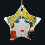 WOMAN WITH ORIENTAL YELLOW TURBAN Star Julgransprydnad Keramik<br><div class="desc">Vibrant , classy French Art Deco high fashion illustration. Portrait of a beautiful young elegant lady wearing a yellow oriental hat with feathers in black white , yellow , blue red colors .Cool , modern and artistic design.It is also a beautiful for Christmas, holiday, special occasions, birthday parties , New...</div>