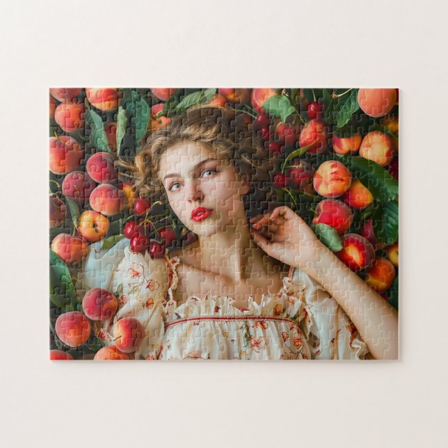 Woman with peaches and cherries pussel (Horisontell)
