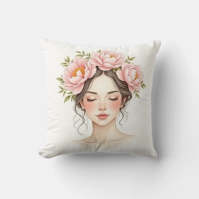 Woman with Peony Flower Kudde (Framsida)