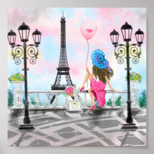 Woman with Pink Heart Balloon In Paris Poster