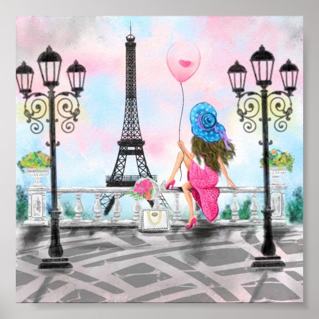 Woman with Pink Heart Balloon In Paris Poster (Framsidan)