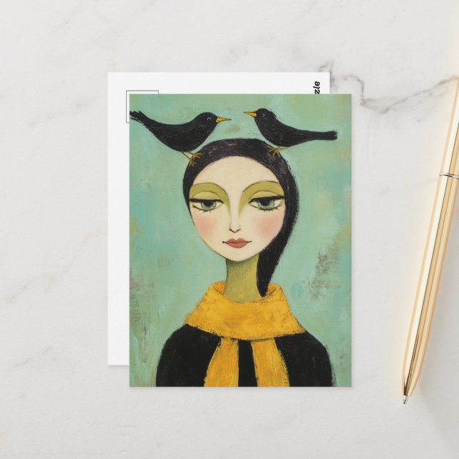 Woman with Two Black Birds Vykort (Fram/Back In Situ)