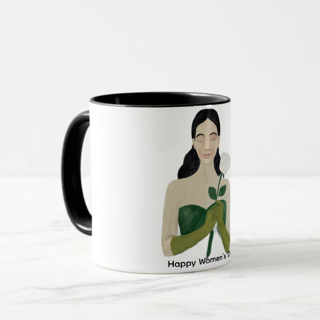 Woman with White Rose Mug – Aesthetic Green Mugg (Framsida vänster)
