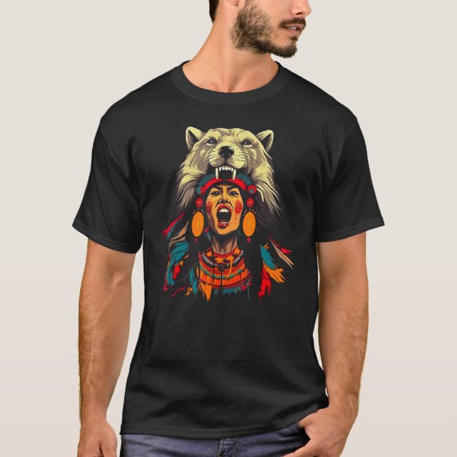Woman Wolf Head Native American Connection to Natu T Shirt (Framsida)
