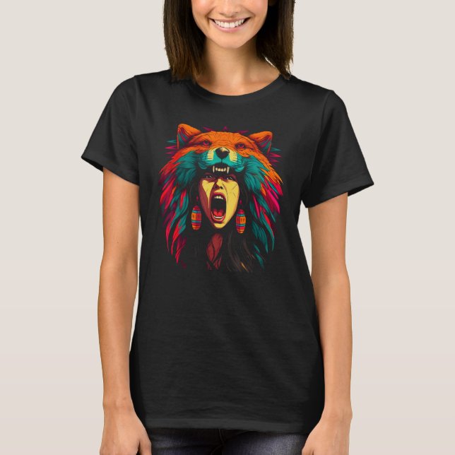 Woman Wolf Head Native American Culture T Shirt (Framsida)