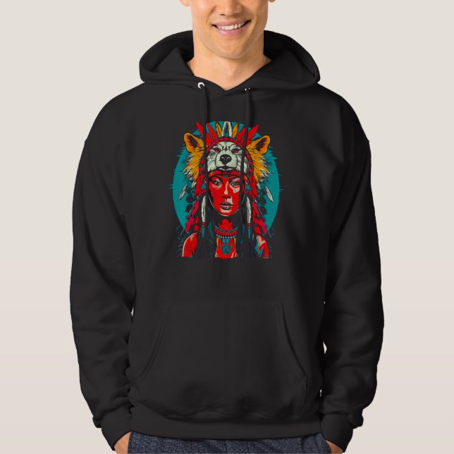 Woman Wolf Head Native American Indigenous Hoodie (Framsida)