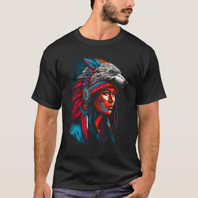 Woman Wolf Head Native American Interconnected T Shirt (Framsida)