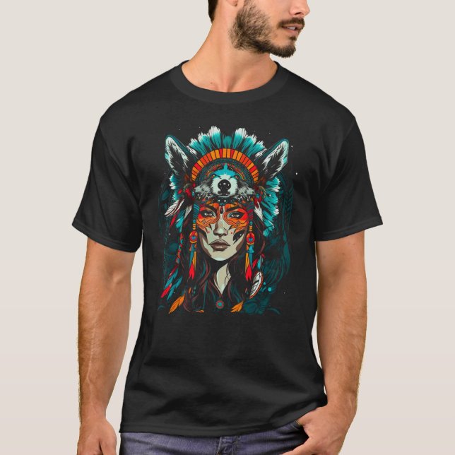 Woman Wolf Head Native American Sacred Land T Shirt (Framsida)