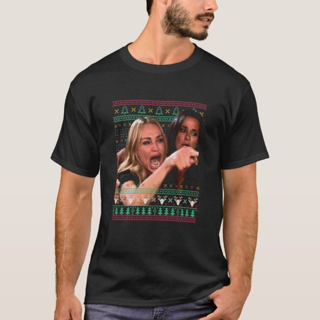 Woman Yelling At A Cat Ugly Christmas Sweater Meme T Shirt (Framsida)