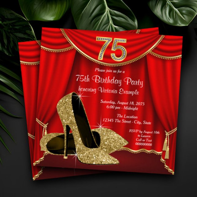 Womans 75:e Birthday Inbjudningar (Womans elegant red and gold 75th birthday party invitation. Simply add your event details.)