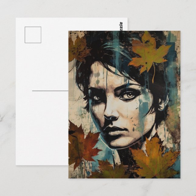 Womans Ansikte och Löv Collage Vykort (Fram/baksida)