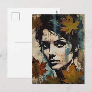 Womans Ansikte och Löv Collage Vykort