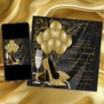 Womans Black och Guld Födelsedagsfest inbjudan<br><div class="desc">Kvinnans svarta och guld födelsedagsfest inbjudan med vackra högklackskor från guld, guld-ballonger, champagnepärlor och guld-snurrar från elegant på en lyxig svart platinbakgrund. Den här eleganten svart och guld födelsedagsfest inbjudan är enkelt att anpassa för evenemanget genom att helt enkelt lägga till dina uppgifter i teckensnittet stil och färg, formuleringen och...</div>