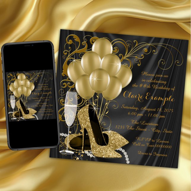 Womans Black och Guld Födelsedagsfest inbjudan (Womans black and gold high heel shoe birthday party invitation. High heel shoe invitation. Any #.)