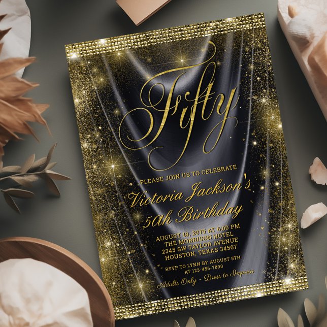 Womans Glam Black Guld 50:e födelsedagen Inbjudningar (Need a different number? Simply send us a message.)