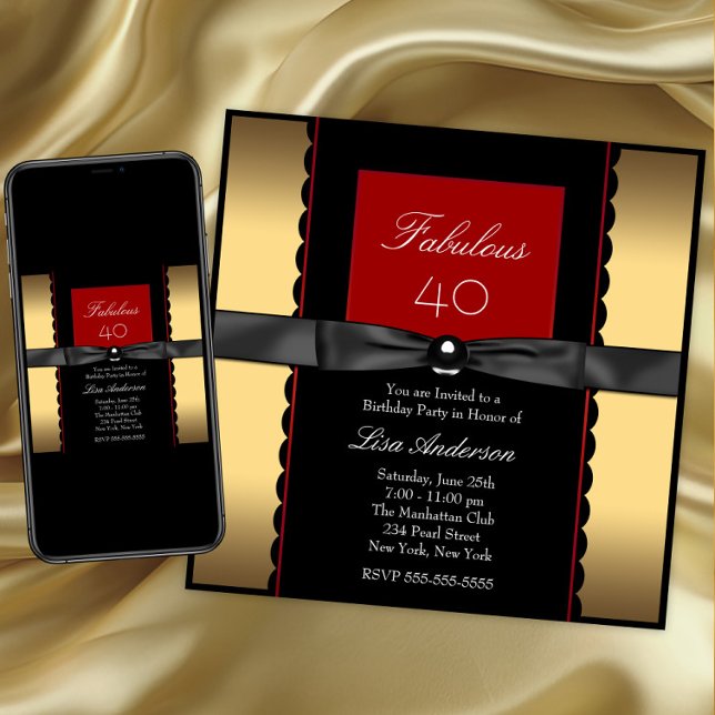 Womans Guld Black and Red Födelsedagsfest Inbjudningar (Elegant any birthday or occasion invitation. Instant download and printed invitations available.)