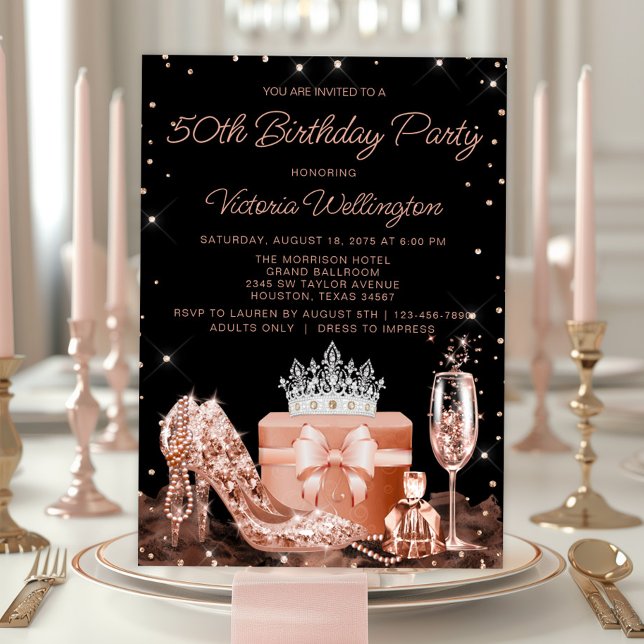 Womans Ro Guld valfri sifferFödelsedagsfest Inbjudningar (Elegant rose gold any event and birthday invitation. Add your details. Background color can change.)