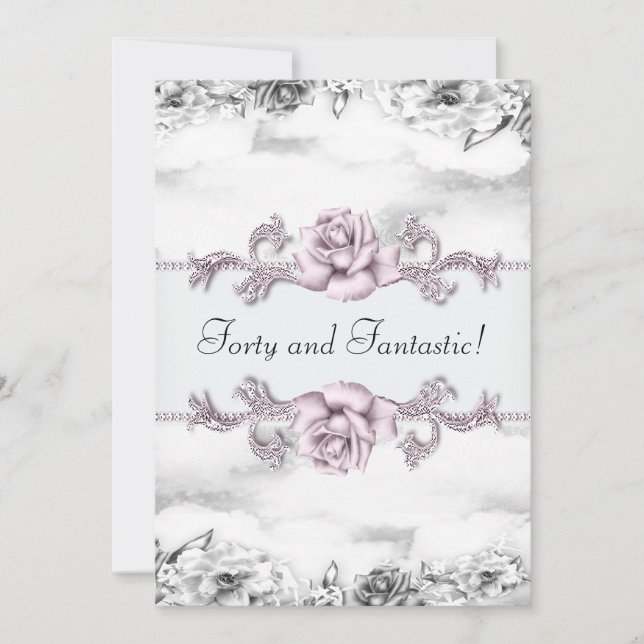 Womans Rosa ros Black White 40:e födelsedagen Part Inbjudningar (Framsida)