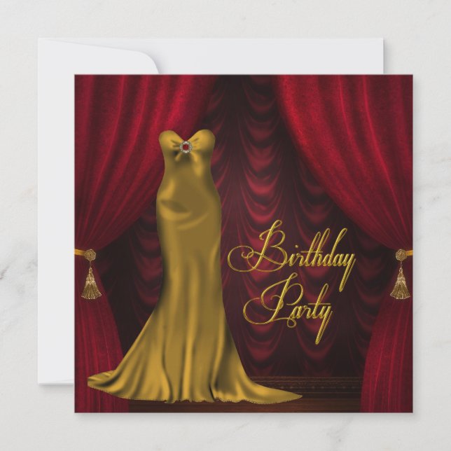 Womans Ruby Red Guld Art Deco Födelsedagsfest Inbjudningar (Framsida)