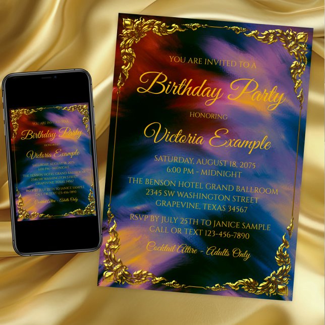 Womans Sunset Jewel Paint Strokes, Födelsedagsfest Inbjudningar (Jewel tone and gold any event invitation. Instant download and printed invitations available.)