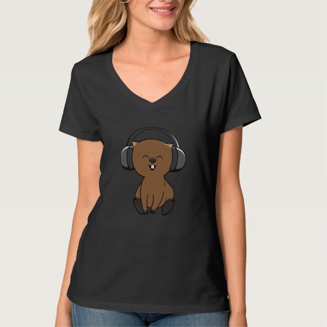 Wombat Listening Music Musician T Shirt (Framsida)