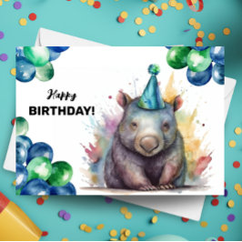 Wombat med Balloons and Party Hat Grattis på födel Kort