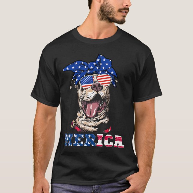 Women American Flagga Pitbull Independence day T Shirt (Framsida)