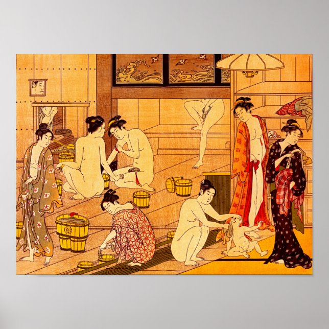 Women Bathing, Torii Kiyonaga Japansk Fine Art Poster (Framsidan)
