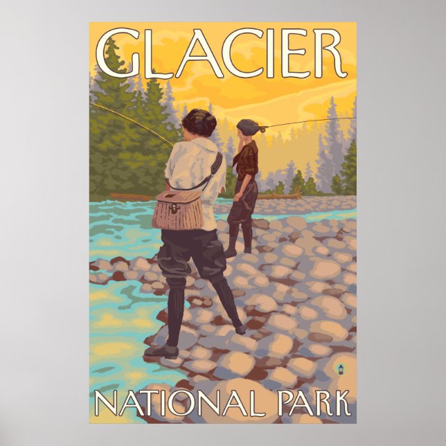 Women Flygfiske - Glacier National Park, MT Poster (Framsidan)