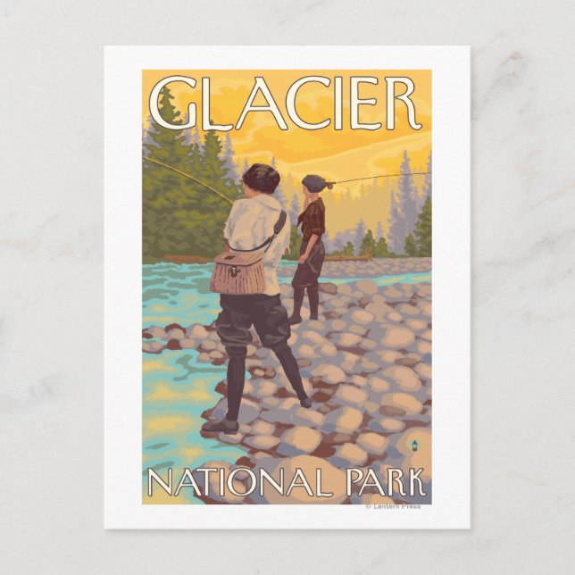 Women Flygfiske - Glacier National Park, MT Vykort (Framsida)