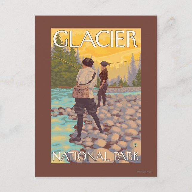 Women Flygfiske - Glacier National Park, MT Vykort (Framsida)