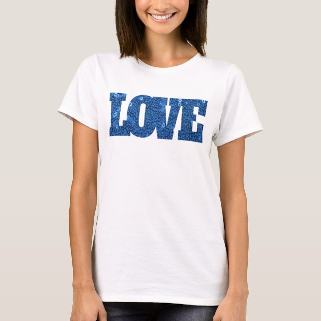 Women Girls KÄRLEK Blue Sequins T Shirt (Framsida)