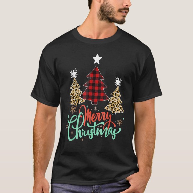 Women Leopard Plaid Christmas Tree Merry Christmas T Shirt (Framsida)