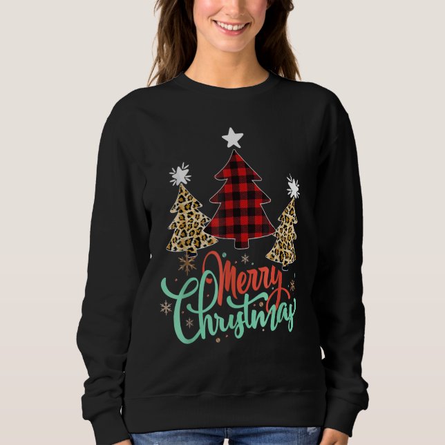 Women Leopard Plaid Christmas Tree Merry Christmas T Shirt (Framsida)