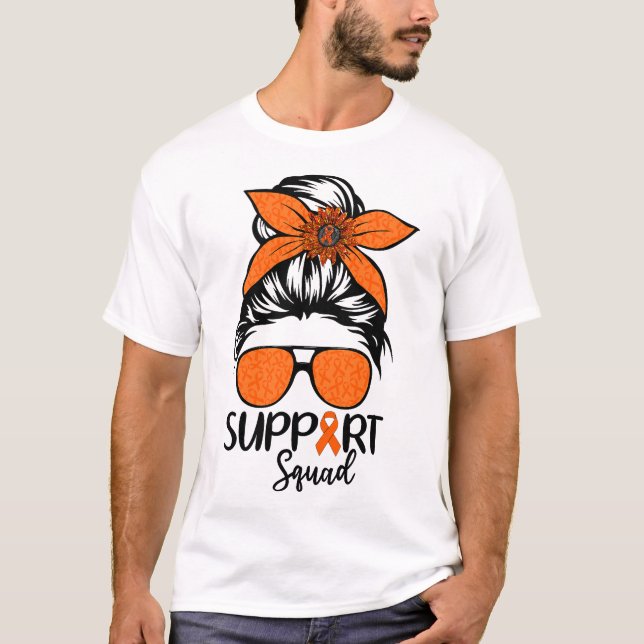 Women Messy Bun Support Squad Leukemia Awareness T Shirt (Framsida)