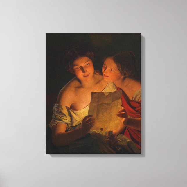 Women Reading a Kärlek Brev (av Waldmüller) Canvastryck (Framsida)