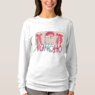 Women’s Ho Ho Ho Santa – Faux Embroidery Christmas T Shirt