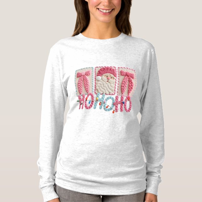 Women’s Ho Ho Ho Santa – Faux Embroidery Christmas T Shirt (Framsida)