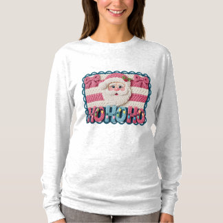 Women’s Ho Ho Ho Santa – Faux Embroidery T Shirt