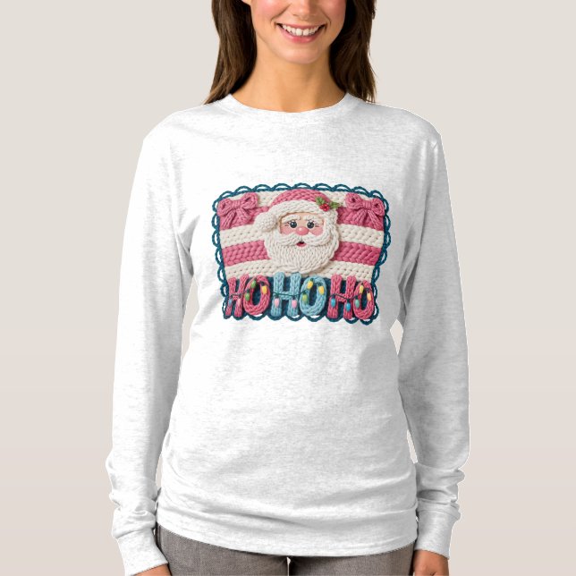Women’s Ho Ho Ho Santa – Faux Embroidery T Shirt (Framsida)