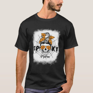Women Spooky Mamma Halloween Skull Messy Bun Witch T Shirt