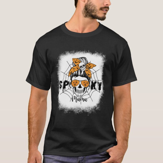 Women Spooky Mamma Halloween Skull Messy Bun Witch T Shirt (Framsida)