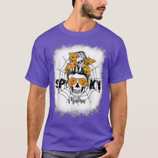 Women Spooky Mamma Halloween Skull Messy Bun Witch T Shirt