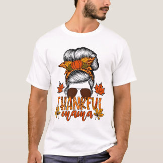 Women Thanksgiving Messy Bun Hair Fall Mamma T Shirt