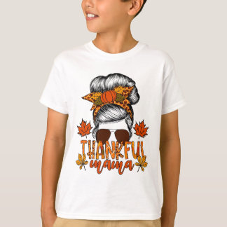 Women Thanksgiving Messy Bun Hair Fall Mamma T Shirt