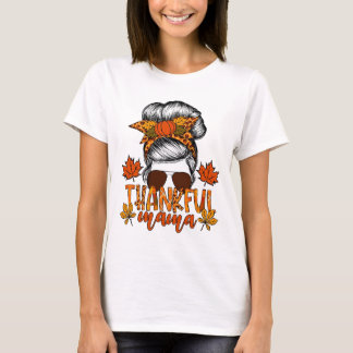 Women Thanksgiving Messy Bun Hair Fall Mamma T Shirt