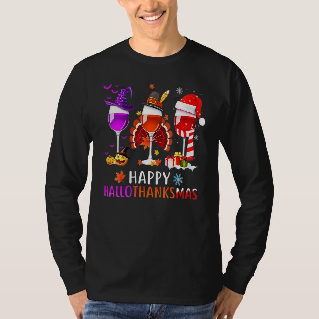 Women Wine Glass Thankgiving  Wine Happy Hallothan T Shirt (Framsida)
