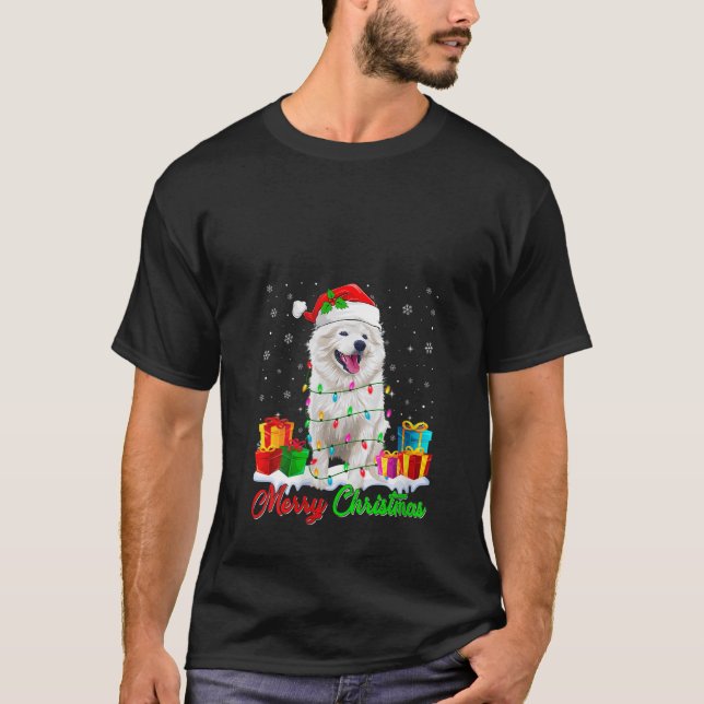Womens American Eskimo Hund älskare God jul L T Shirt (Framsida)