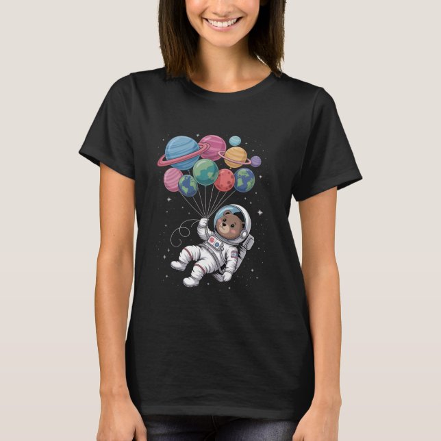 Womens Astronaut Bear Holding Planet Balloons Oute T Shirt (Framsida)
